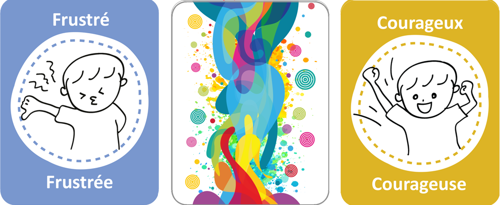 3CartesIllustréesSentiments 3 cartes illustrées : Frustré, Endos des cartes, Courageux<br />