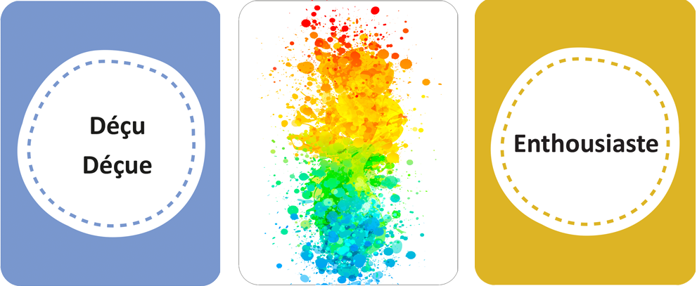 3CartesTxtSentiments 3 cartes illustrées : Frustré, Endos des cartes, Courageux<br />