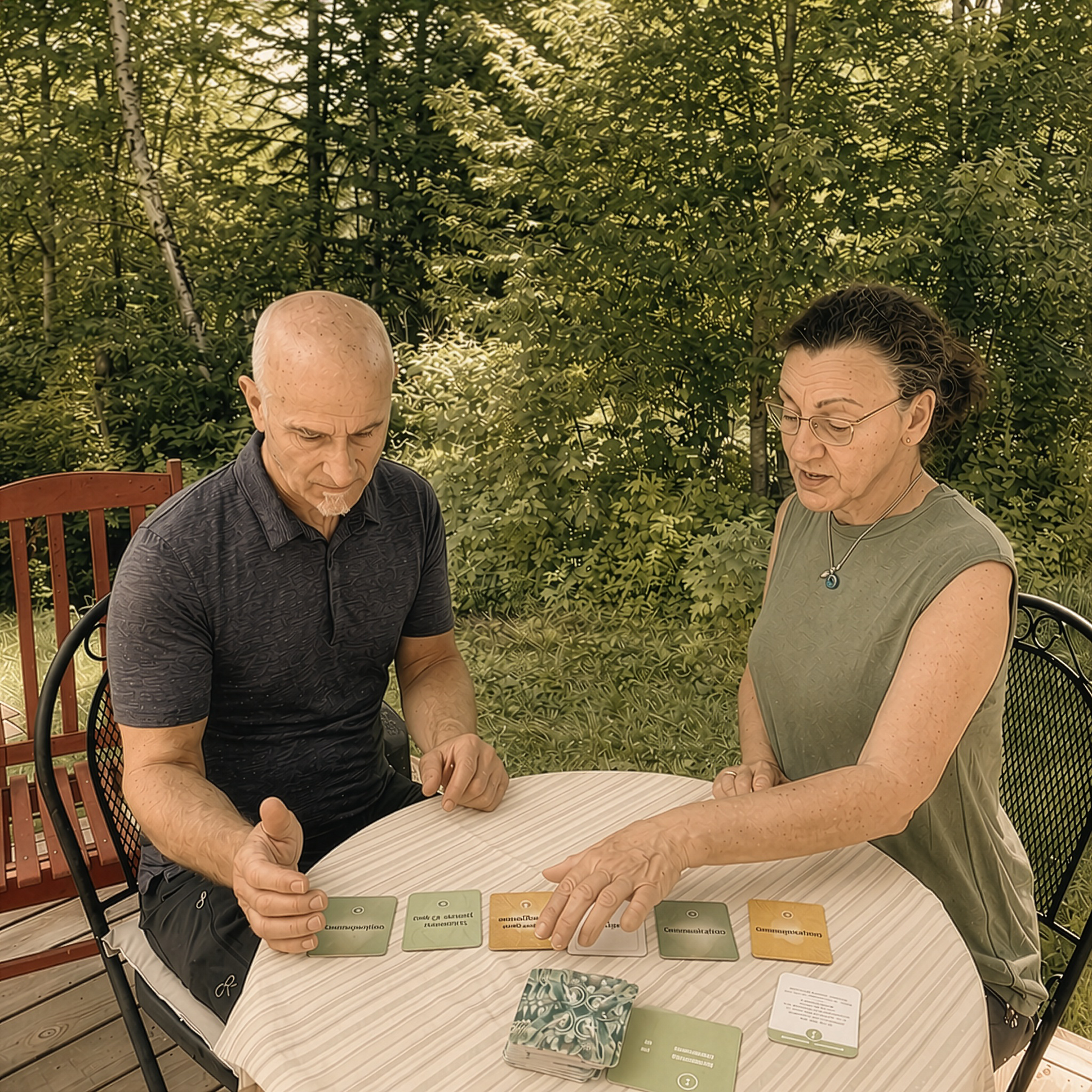 Un couple d'une cinquantaine d'années devant une table avec des cartes de jeux À l'écoute