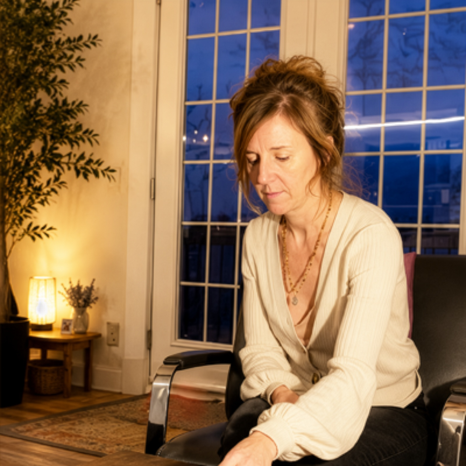 Femme assise, une main posée sur une carte sur une petite table devant elle